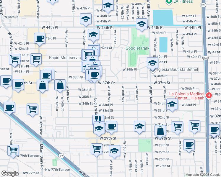 map of restaurants, bars, coffee shops, grocery stores, and more near 3501 West 11th Avenue in Hialeah