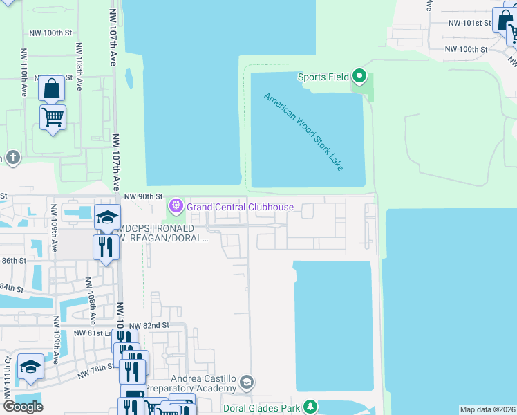 map of restaurants, bars, coffee shops, grocery stores, and more near 8826 Northwest 101st Place in Doral