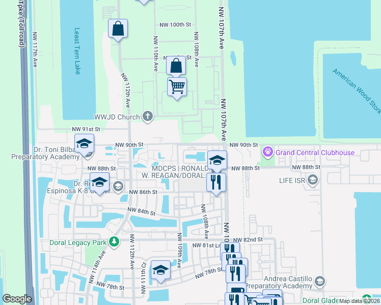 map of restaurants, bars, coffee shops, grocery stores, and more near 10855 Northwest 88th Terrace in Doral