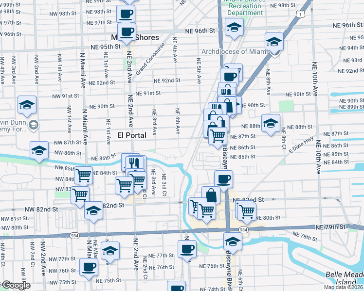 map of restaurants, bars, coffee shops, grocery stores, and more near 435 Northeast 86th Street in El Portal