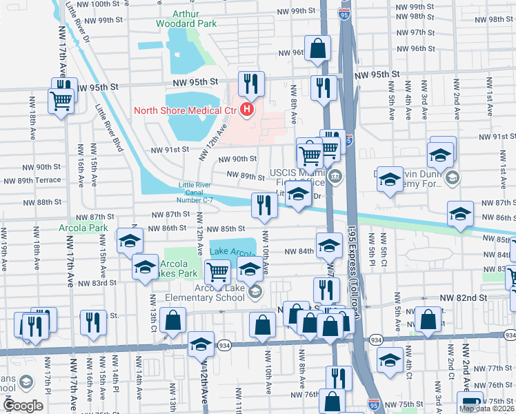 map of restaurants, bars, coffee shops, grocery stores, and more near 1030 Northwest 87th Street in Miami