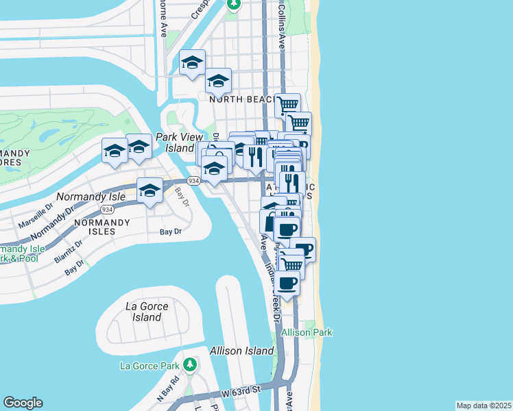 map of restaurants, bars, coffee shops, grocery stores, and more near 401 69th Street in North Bay Village