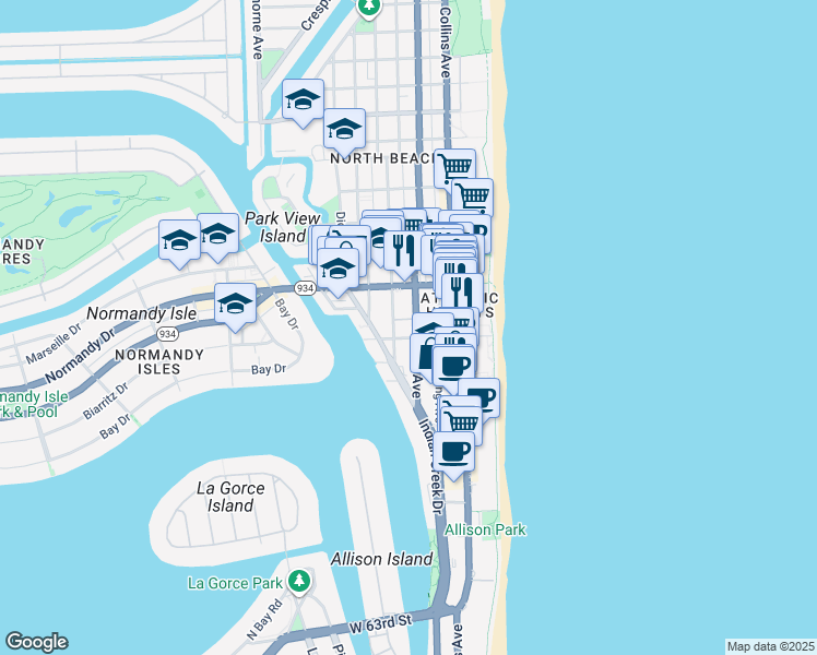 map of restaurants, bars, coffee shops, grocery stores, and more near 403 69th Street in Miami Beach