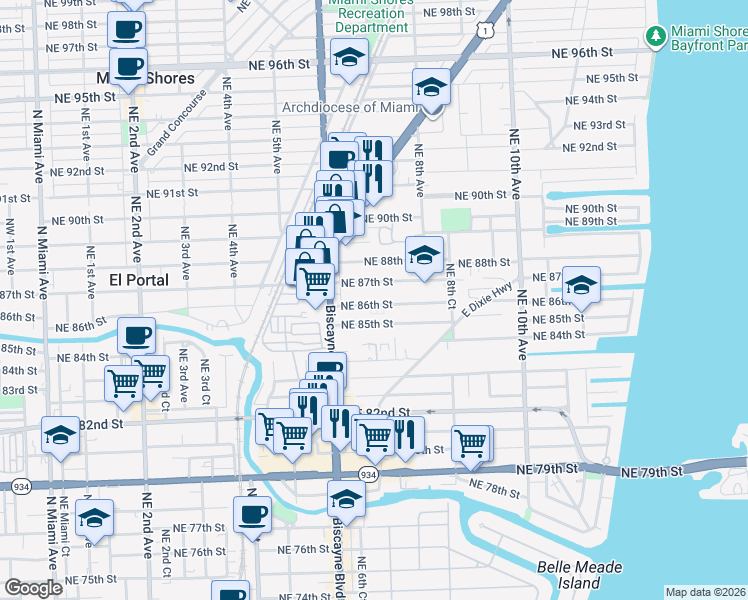 map of restaurants, bars, coffee shops, grocery stores, and more near 701 Northeast 85th Street in Miami