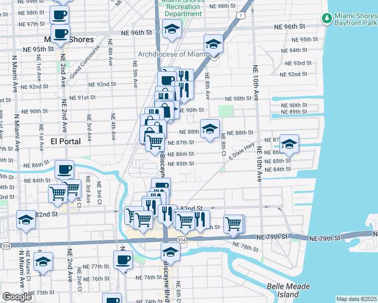 map of restaurants, bars, coffee shops, grocery stores, and more near 701 Northeast 86th Street in Miami