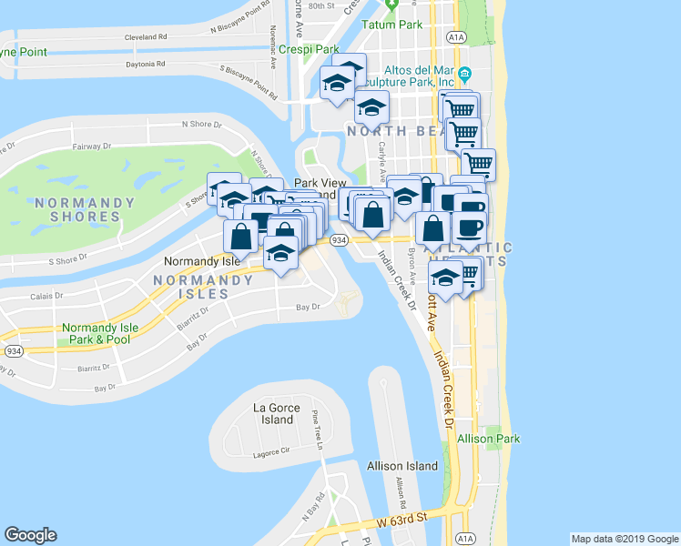 map of restaurants, bars, coffee shops, grocery stores, and more near 900 Bay Drive in Miami Beach