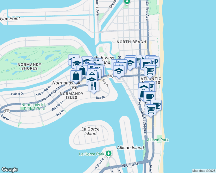 map of restaurants, bars, coffee shops, grocery stores, and more near 900 Bay Drive in Miami Beach
