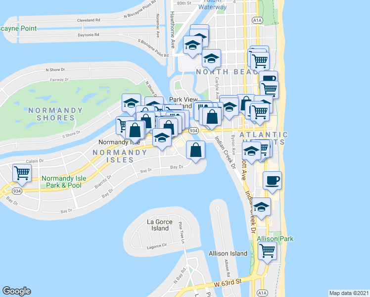 map of restaurants, bars, coffee shops, grocery stores, and more near 900 Bay Drive in Miami Beach
