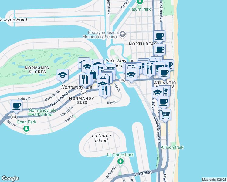 map of restaurants, bars, coffee shops, grocery stores, and more near 965-975 Biarritz Drive in Miami Beach