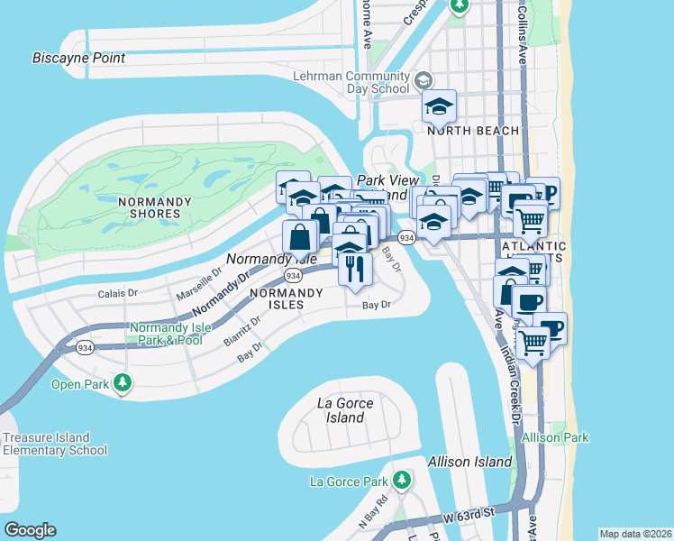 map of restaurants, bars, coffee shops, grocery stores, and more near 1109 Biarritz Drive in Miami Beach