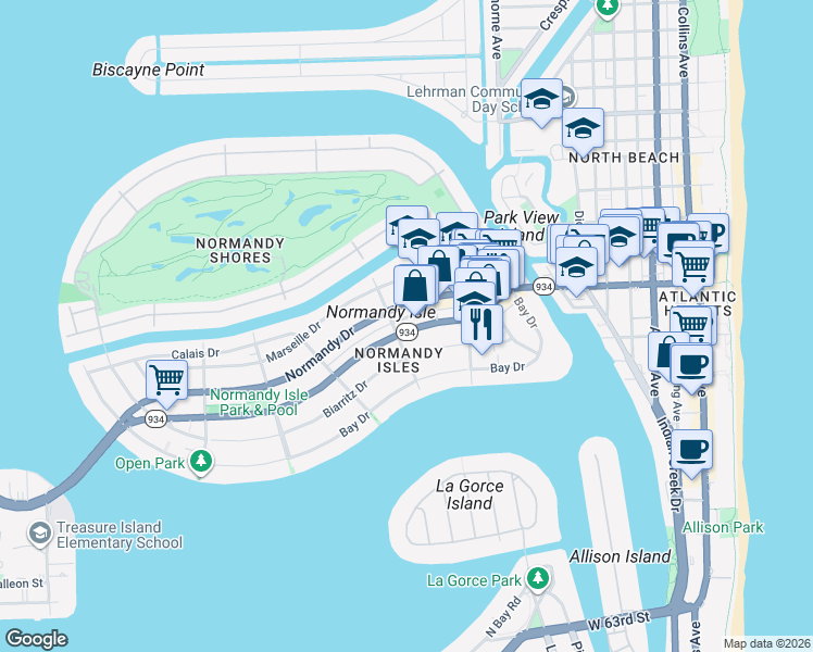 map of restaurants, bars, coffee shops, grocery stores, and more near 1195 Biarritz Drive in Miami Beach