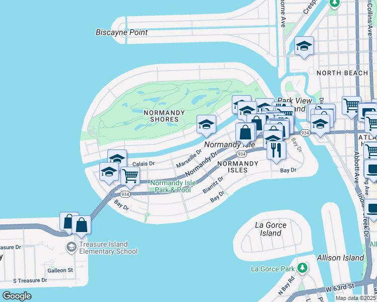 map of restaurants, bars, coffee shops, grocery stores, and more near 1480 Marseille Drive in Miami Beach