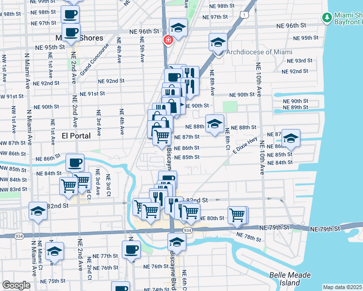 map of restaurants, bars, coffee shops, grocery stores, and more near 639 Northeast 85th Street in Miami