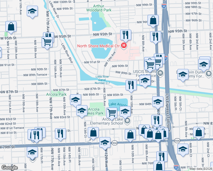 map of restaurants, bars, coffee shops, grocery stores, and more near 1170 Northwest 87th Street in Miami