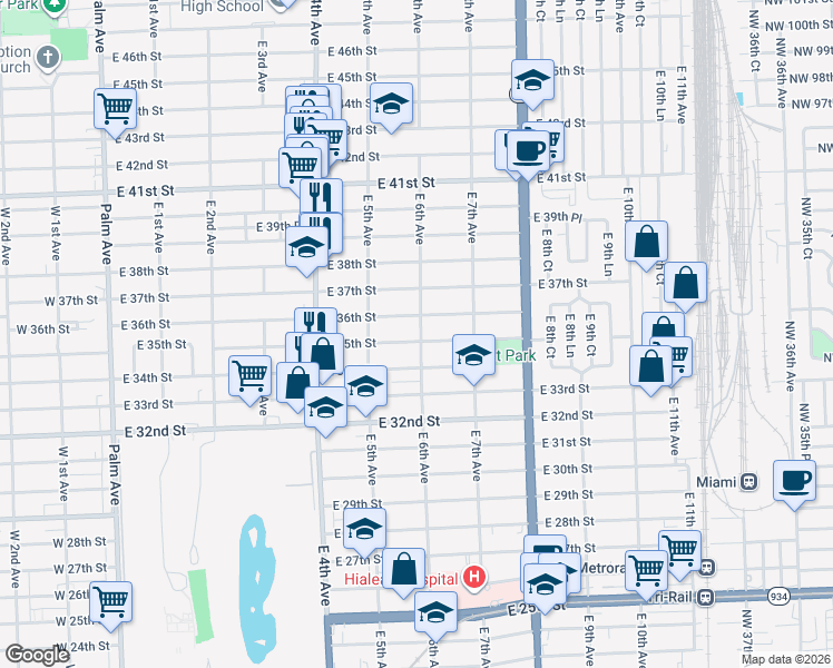 map of restaurants, bars, coffee shops, grocery stores, and more near 580 East 35th Street in Hialeah