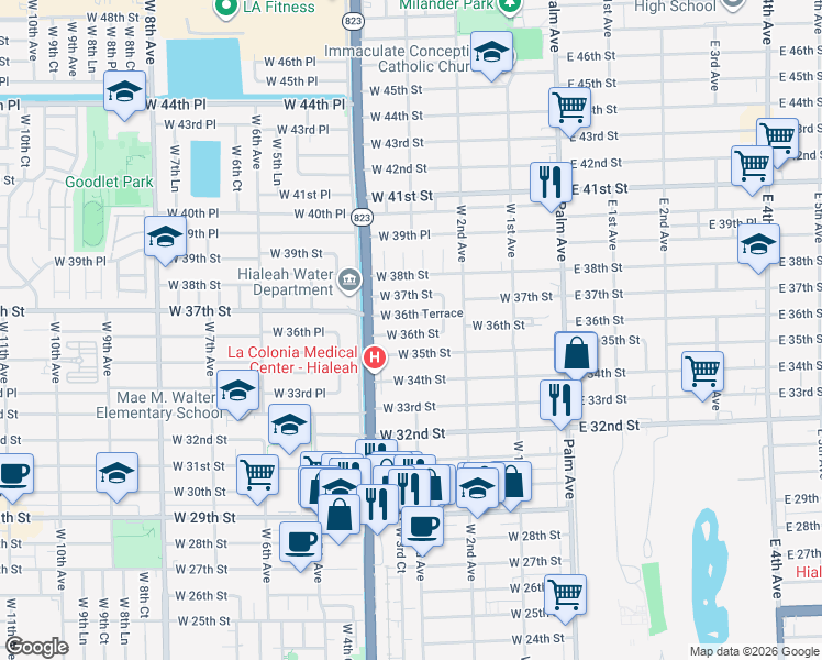 map of restaurants, bars, coffee shops, grocery stores, and more near 341 West 35th Street in Hialeah