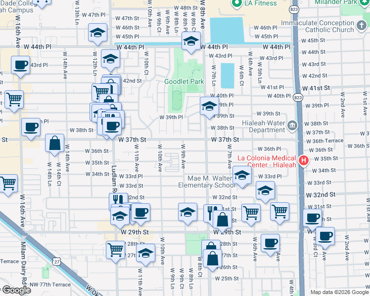 map of restaurants, bars, coffee shops, grocery stores, and more near 3535 West 10th Avenue in Hialeah