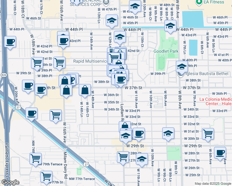 map of restaurants, bars, coffee shops, grocery stores, and more near 1225 West 35th Street in Hialeah