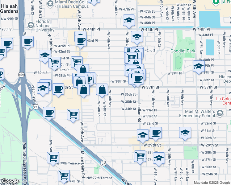 map of restaurants, bars, coffee shops, grocery stores, and more near 1370 West 36th Street in Hialeah