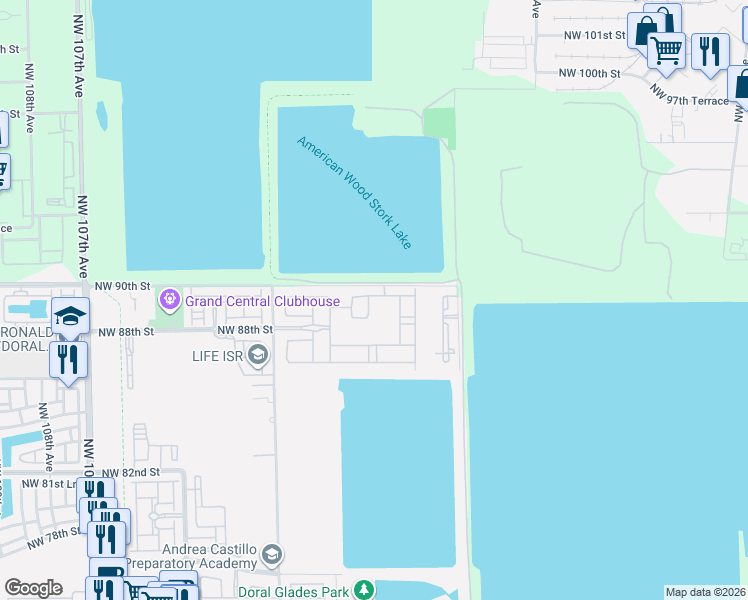 map of restaurants, bars, coffee shops, grocery stores, and more near 8875 Northwest 99th Avenue in Doral