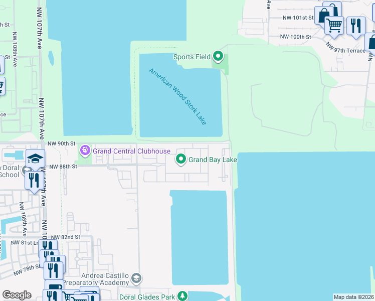map of restaurants, bars, coffee shops, grocery stores, and more near 8875 Northwest 99th Avenue in Doral