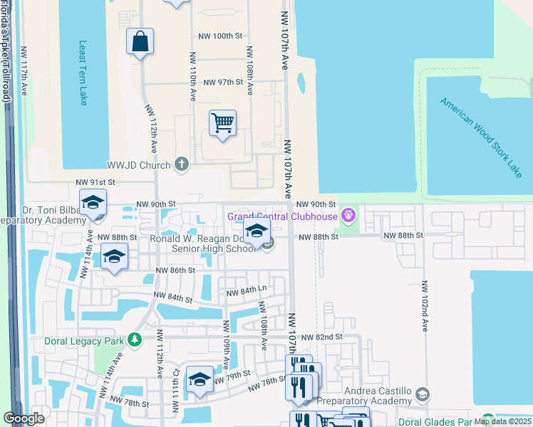 map of restaurants, bars, coffee shops, grocery stores, and more near 8999 Northwest 107th Court in Miami
