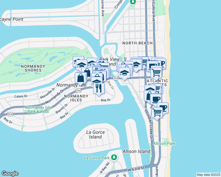 map of restaurants, bars, coffee shops, grocery stores, and more near 900 Bay Drive in Miami Beach