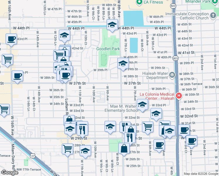 map of restaurants, bars, coffee shops, grocery stores, and more near 850 West 36th Street in Hialeah