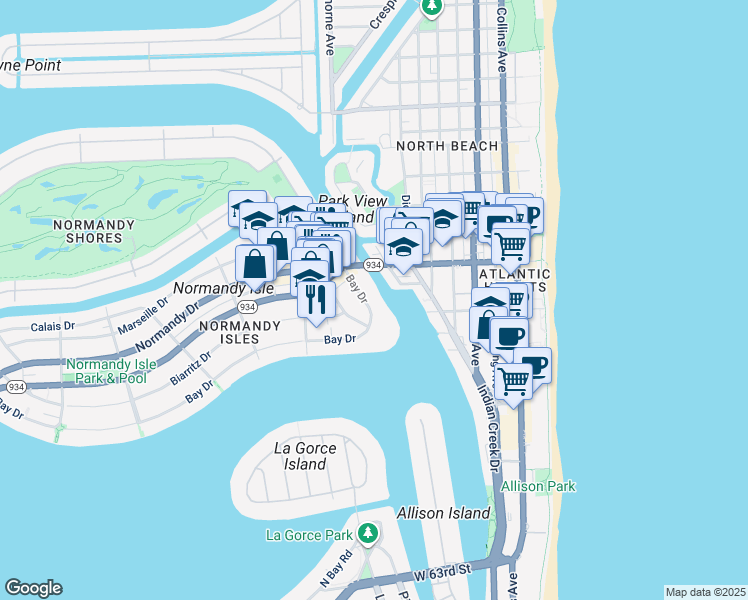map of restaurants, bars, coffee shops, grocery stores, and more near 900 Bay Drive in Miami Beach