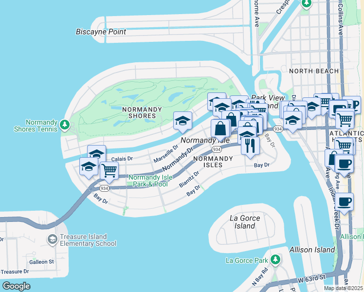 map of restaurants, bars, coffee shops, grocery stores, and more near 1406 Normandy Drive in Miami Beach