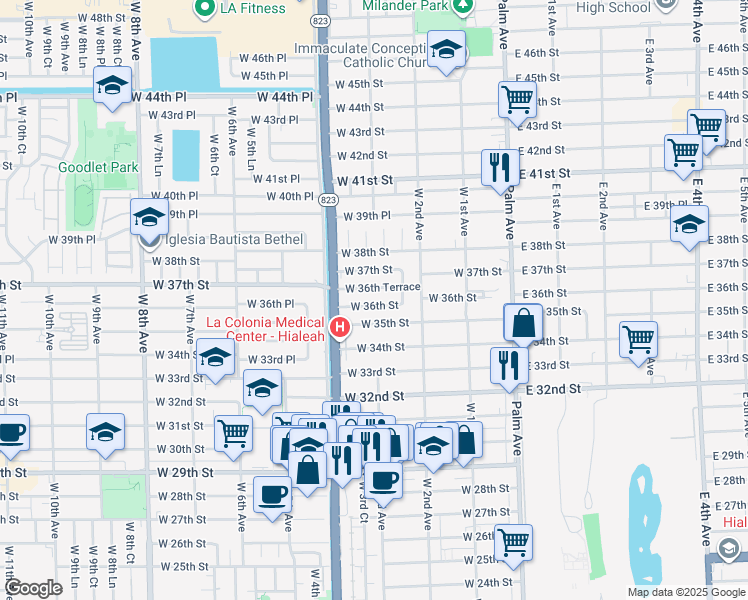 map of restaurants, bars, coffee shops, grocery stores, and more near 341 West 35th Street in Hialeah