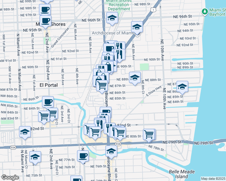 map of restaurants, bars, coffee shops, grocery stores, and more near 641 Northeast 86th Street in Miami