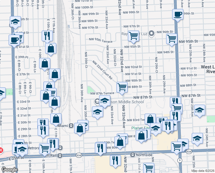 map of restaurants, bars, coffee shops, grocery stores, and more near 3355 Northwest 87th Terrace in Miami