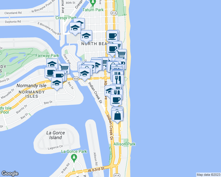 map of restaurants, bars, coffee shops, grocery stores, and more near in Miami Beach