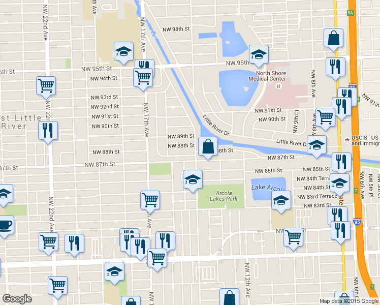 map of restaurants, bars, coffee shops, grocery stores, and more near 2401 Northwest 14th Avenue in Miami