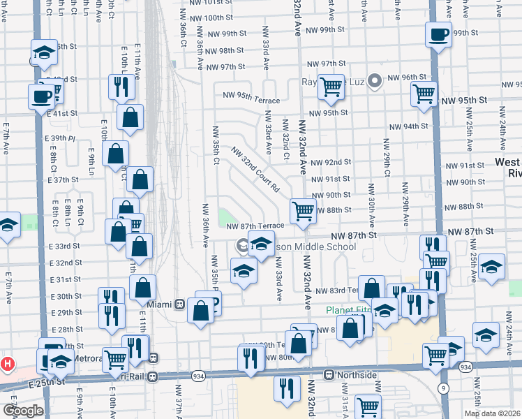 map of restaurants, bars, coffee shops, grocery stores, and more near 3355 Northwest 87th Terrace in Miami