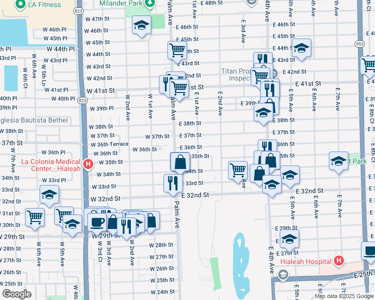 map of restaurants, bars, coffee shops, grocery stores, and more near 50 East 35th Street in Hialeah