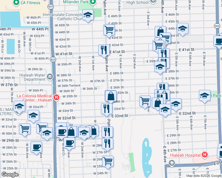 map of restaurants, bars, coffee shops, grocery stores, and more near 50 East 35th Street in Hialeah