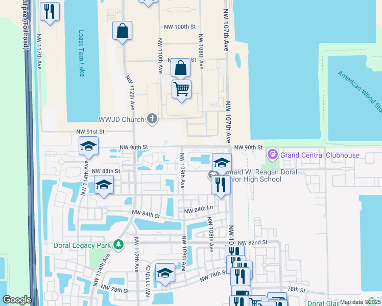 map of restaurants, bars, coffee shops, grocery stores, and more near 7 Northwest 88th Terrace in Doral