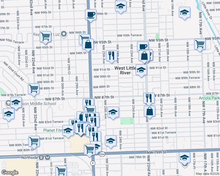 map of restaurants, bars, coffee shops, grocery stores, and more near 2480 Northwest 87th Terrace in Miami