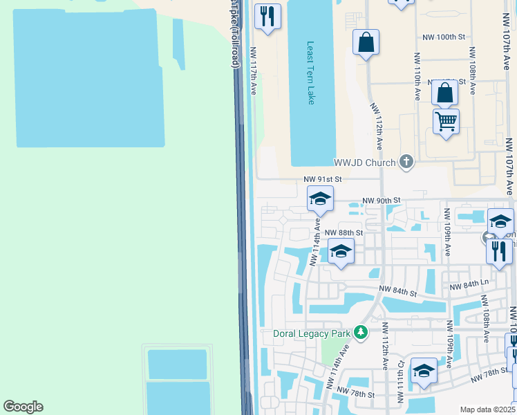 map of restaurants, bars, coffee shops, grocery stores, and more near 8860 Northwest 116th Path in Medley