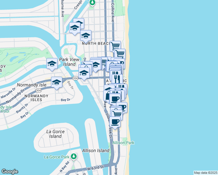 map of restaurants, bars, coffee shops, grocery stores, and more near in Miami Beach