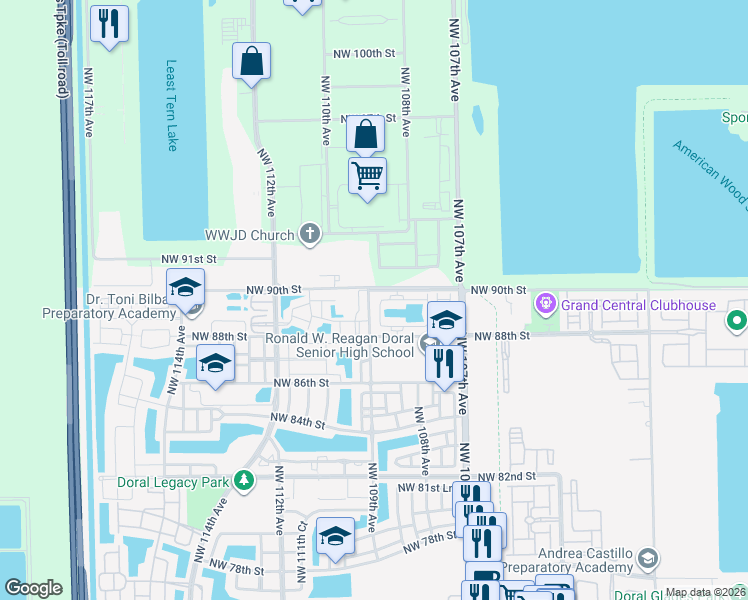 map of restaurants, bars, coffee shops, grocery stores, and more near 7 Northwest 88th Terrace in Doral