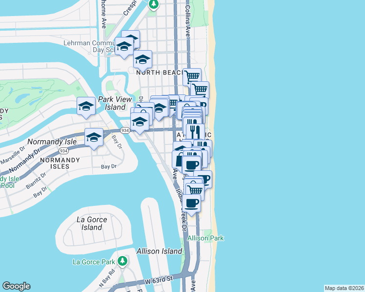 map of restaurants, bars, coffee shops, grocery stores, and more near 6920 Harding Avenue in Miami Beach