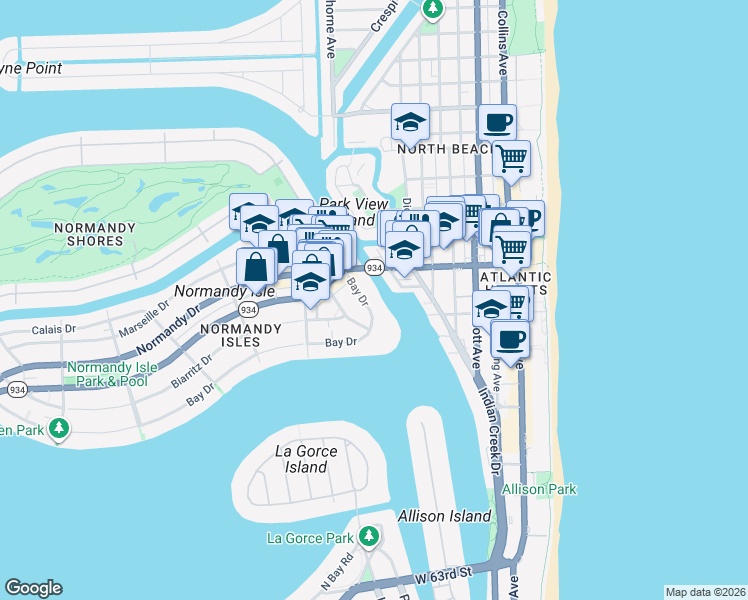 map of restaurants, bars, coffee shops, grocery stores, and more near 6949 Bay Drive in Miami Beach