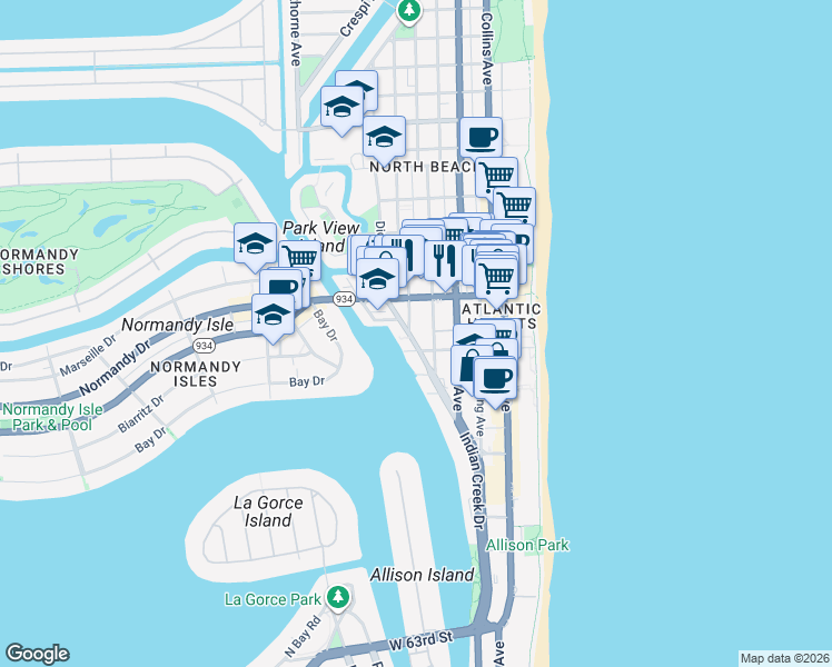 map of restaurants, bars, coffee shops, grocery stores, and more near 6931 Indian Creek Drive in Miami Beach