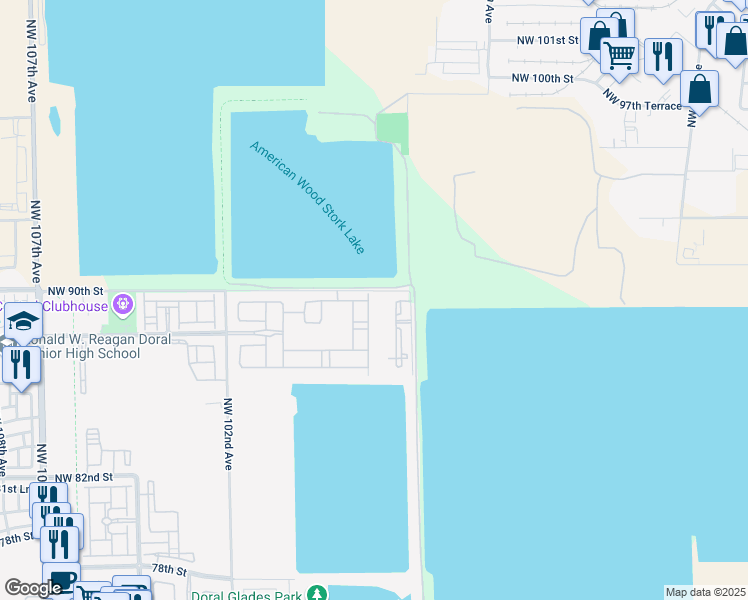 map of restaurants, bars, coffee shops, grocery stores, and more near 8955 Northwest 98th Avenue in Doral