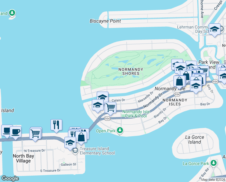 map of restaurants, bars, coffee shops, grocery stores, and more near 797 South Shore Drive in Miami