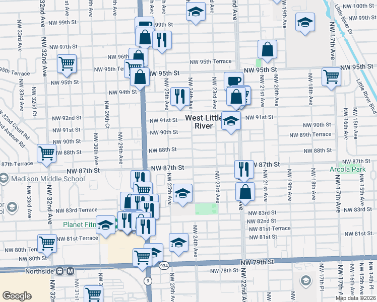 map of restaurants, bars, coffee shops, grocery stores, and more near 8900 Northwest 24th Avenue in Miami