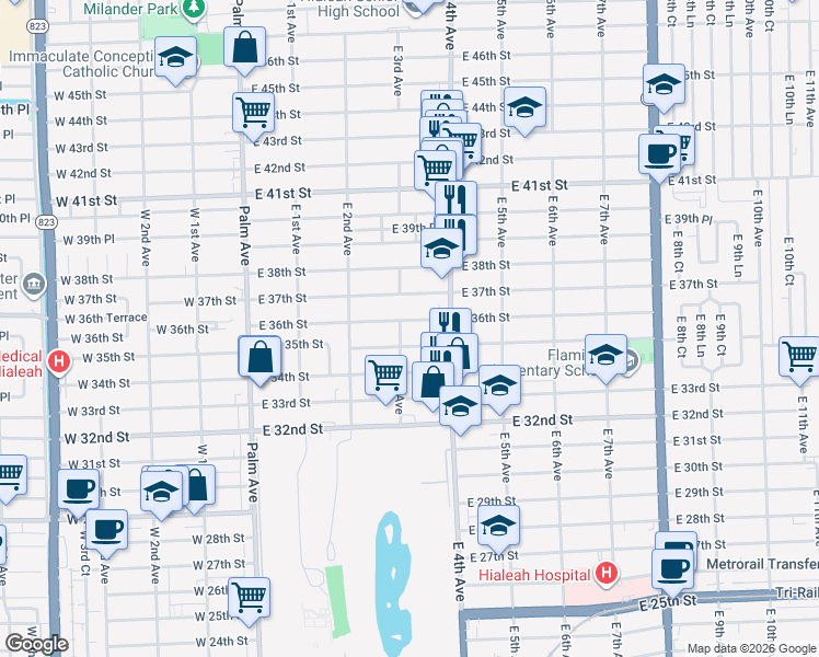 map of restaurants, bars, coffee shops, grocery stores, and more near in Hialeah